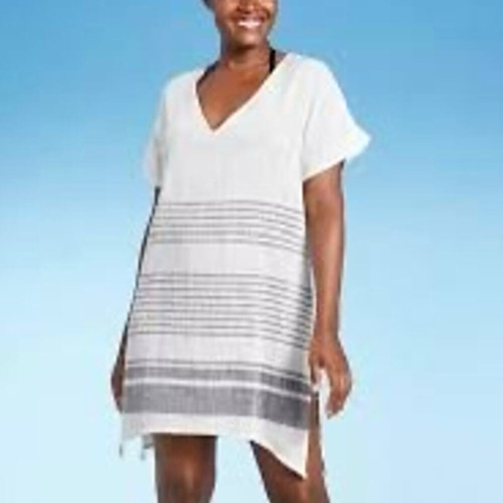 Kona Sol White Gray Striped Oversized‎ Nautical Tunic Top Swimsuit Cover-Up Sz S